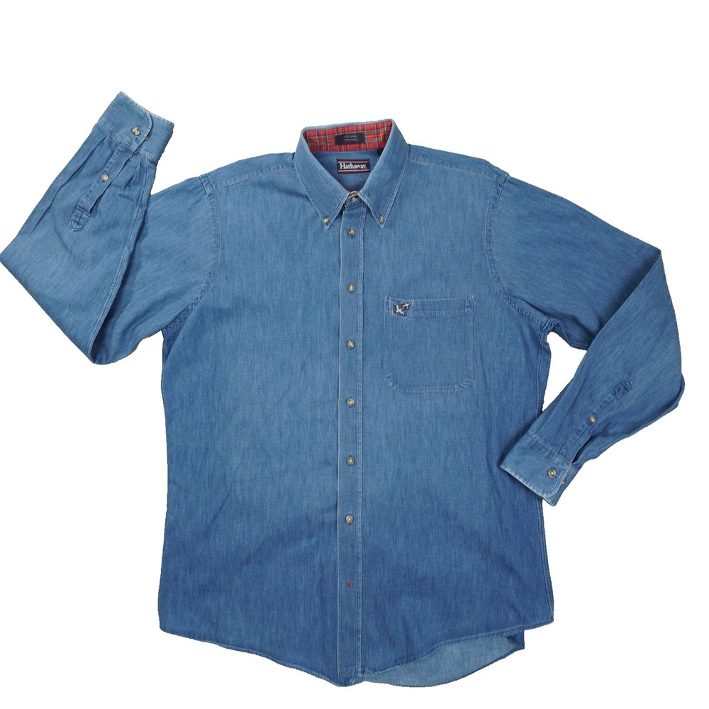 Hathaway Vintage Denim Button Up Shirt Mens 16.5 34/35 Embroidered Duck USA Made